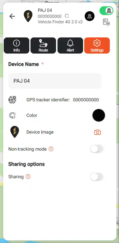 Tracker showing settings