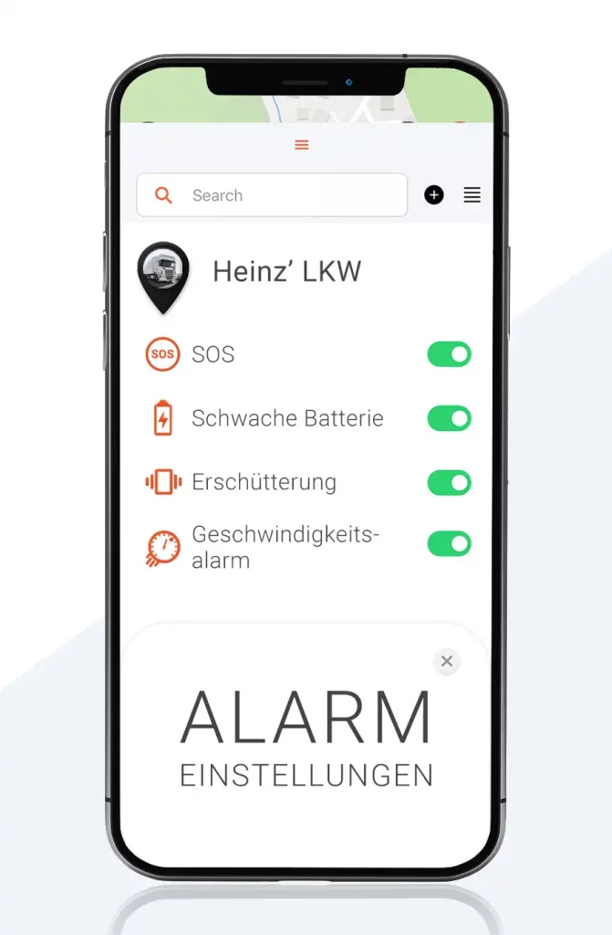 Mobile screen showing alarm settings on paj gps tracker app portal