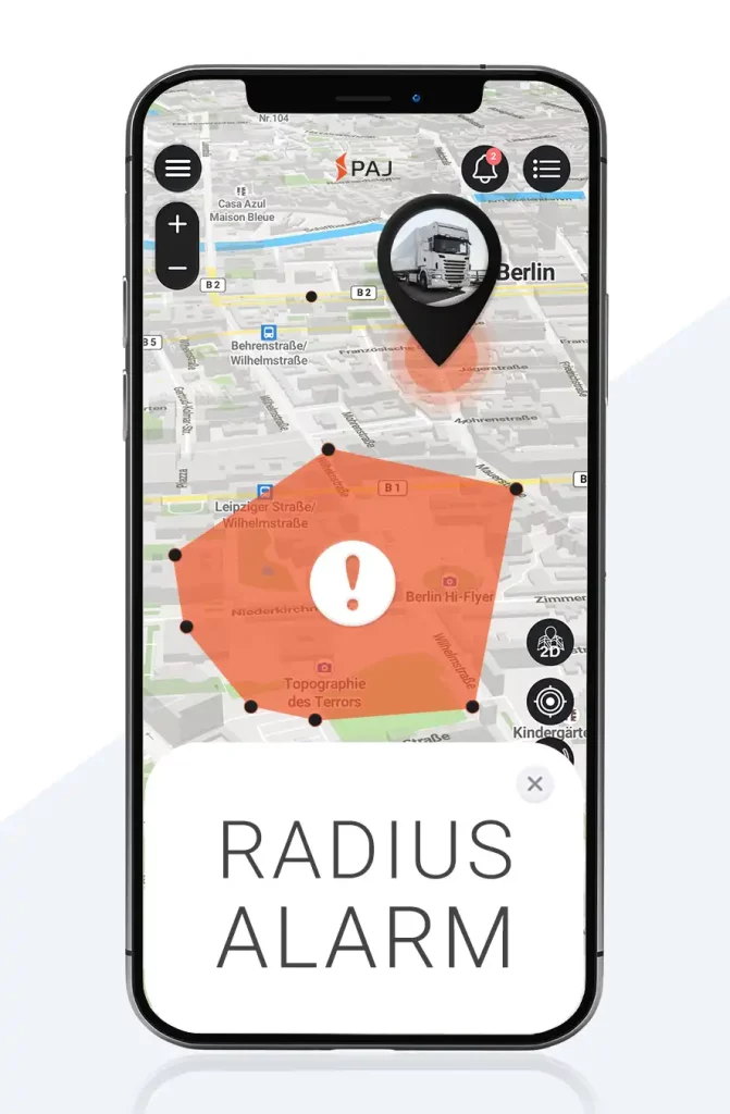 Mobile screen of paj gps tracker app dashboard showing geo fencing radius on map