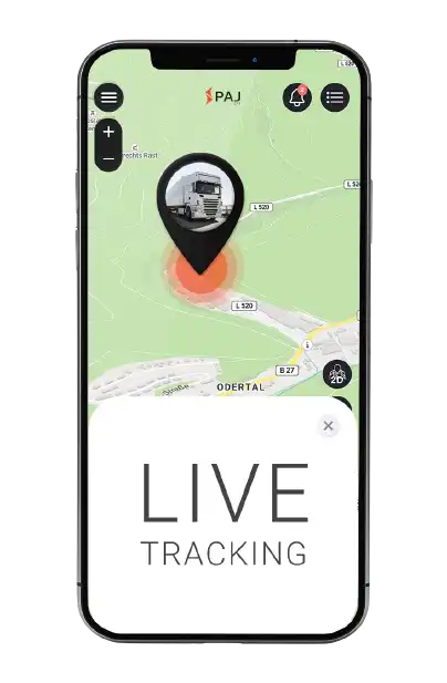 mobile screen showing PAJ GPS live Tracking dashboard