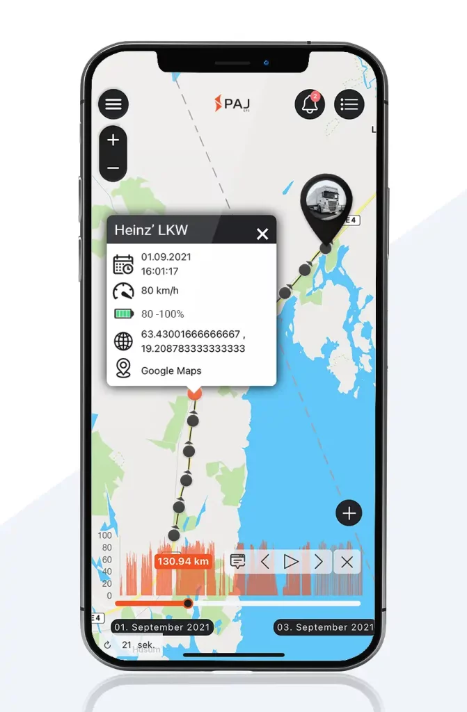 mobile screen showing route history in PAJ gps tracking app portal