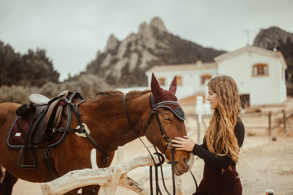 Girl rider preparing her horse to go riding through the field