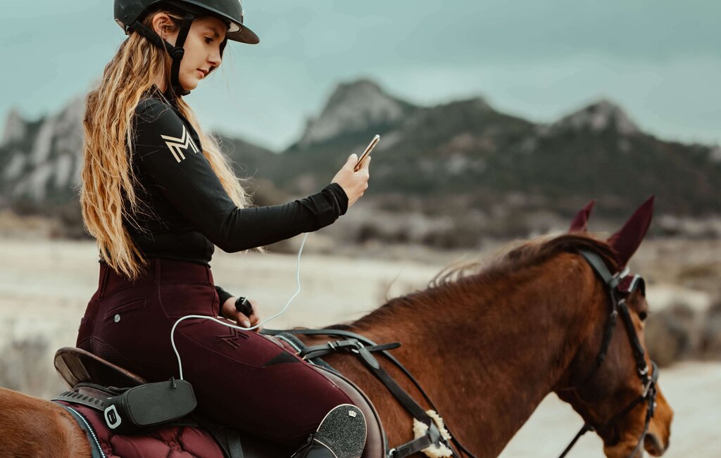 Rider riding a horse while looking at their mobile phone.