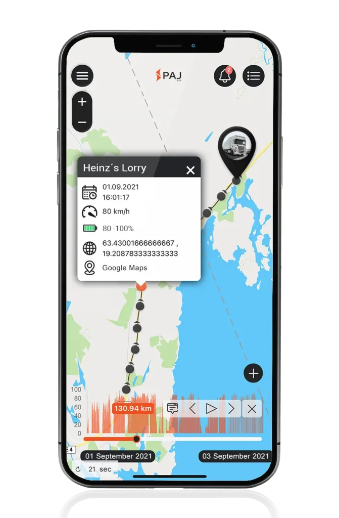 paj finderportal showing truck route