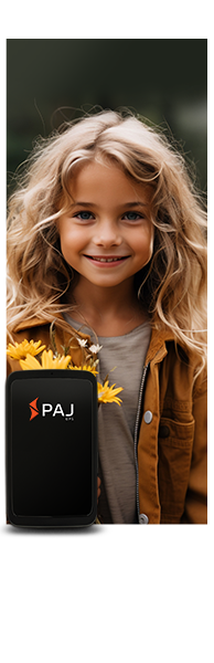 a kid smiling with yellow flowers in her hand also has the allround finder 4g gps tracker with her