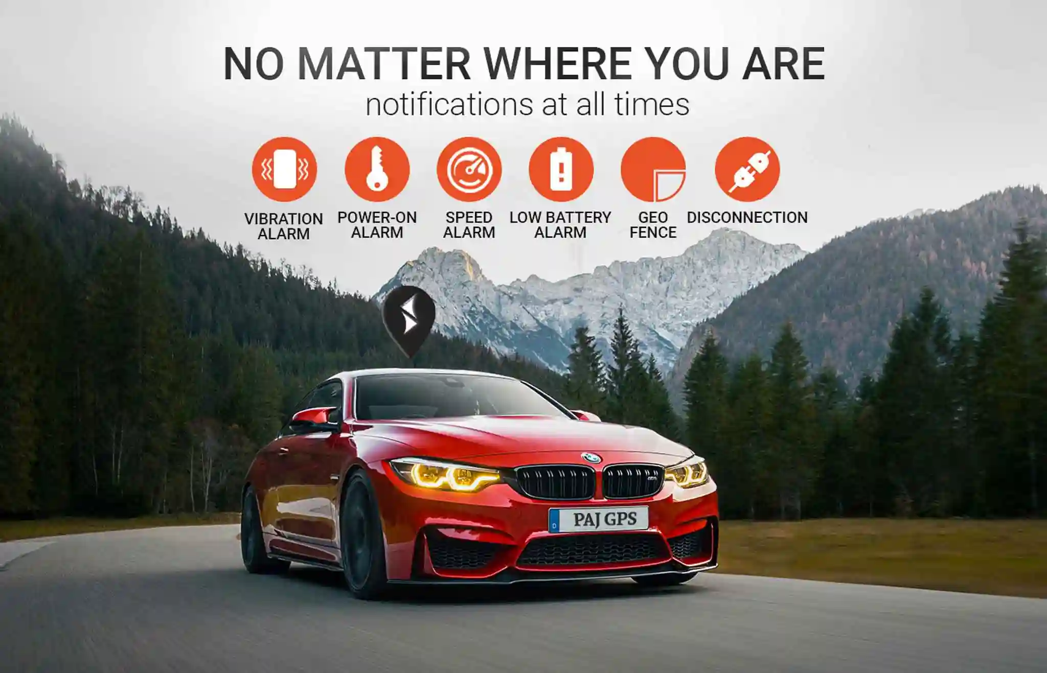A red car on the forest mountain road with tracker alert functions are shown. GPS Tracker Car