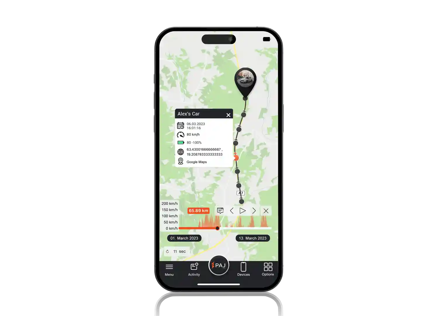 A mobile showing route history of GPS Car tracker device using PAJ GPS Portal finder application