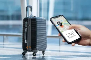 a single black luggage tracked by best luggage tracker
