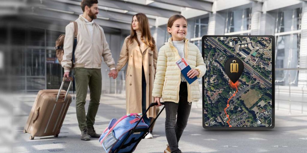 A girl happily walking with parents carrying luggage thanks to knowledge of Things to Track with GPS