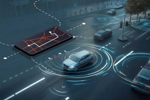 Futuristic development in GPS technology. robocars driving through street.