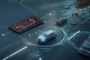 Futuristic development in GPS technology. robocars driving through street.