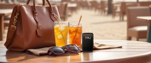 paj waterproof gps tracker on top of table with bag and cool drinks.