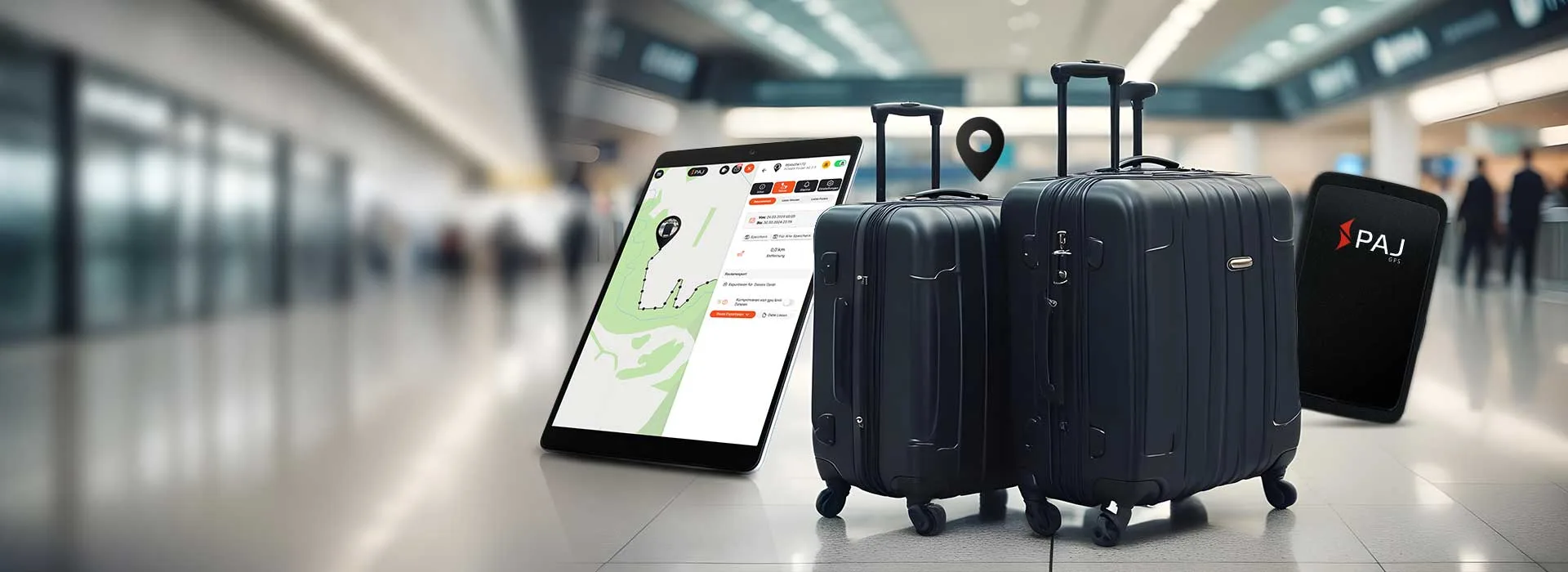 PAJ GPS Asset trackers set up on suitcases