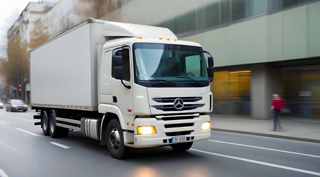 A white delivery truck moving