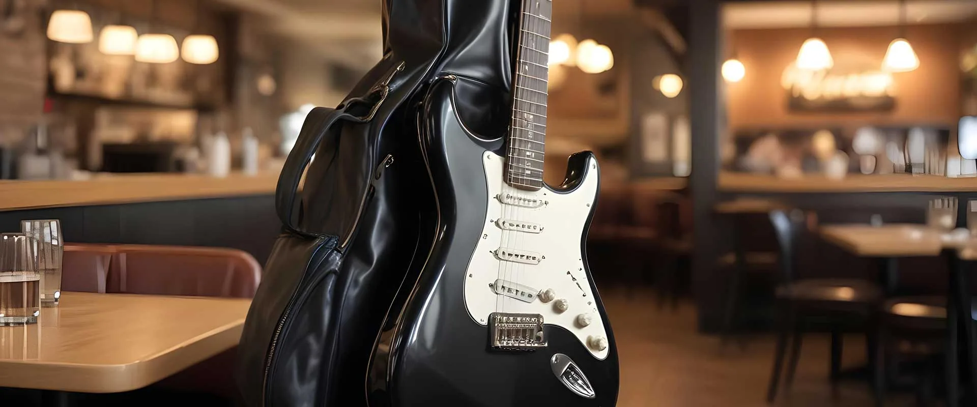 a man walking with a guitar which is protected by asset tracker