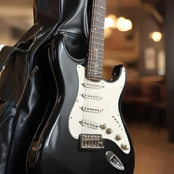 A man walking with a guitar which is protected by asset tracker
