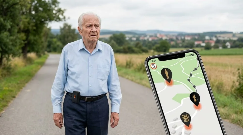 A old man wearing a compact gps tracker from PAJ GPS