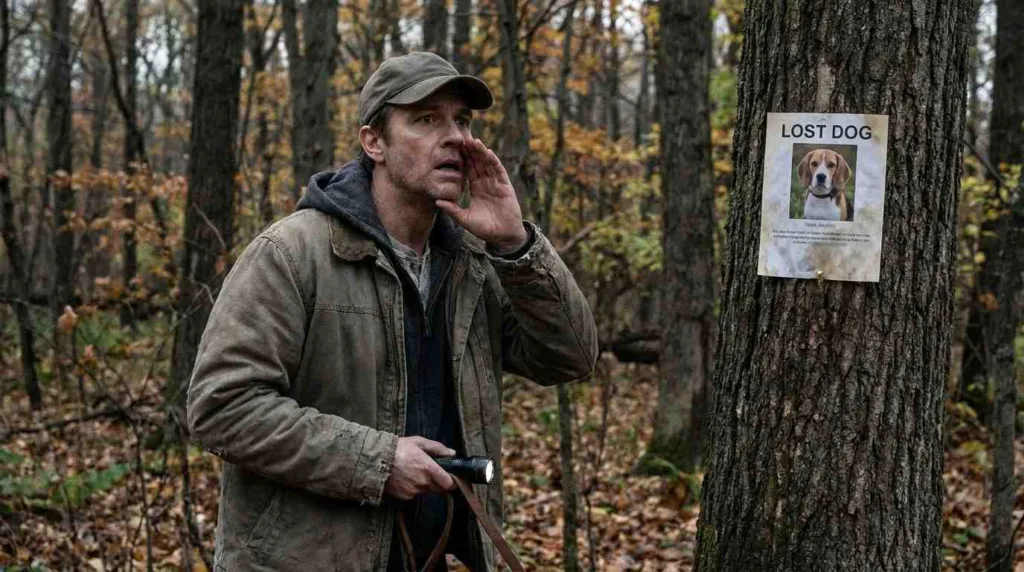 a man searching for his dog in wood