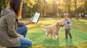 a women setting up Virtual Fences for her kids and dog using paj gps tracker