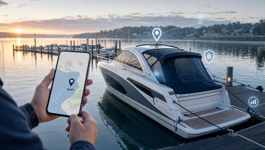 motorboat docked at a quiet marina during early morning with best GPS Tracker for Boats and Marine Vessels